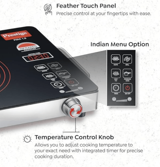 Prestige Infrared Cooktop PIRC 1.0 | 2200W, Stainless Steel & Ceramic | Adjustable Temperature Control | Cool Touch Handle | 1-Year Warranty | Black - Image 2